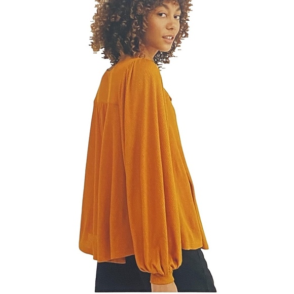 FREE PEOPLE Devin Mustard Textured Knit Henley Bishop Sleeve Boho Peasant Top XS - Picture 3 of 13